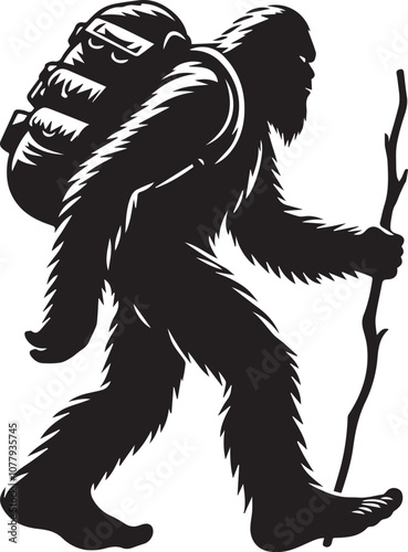 Bigfoot silhouette carrying a large backpack