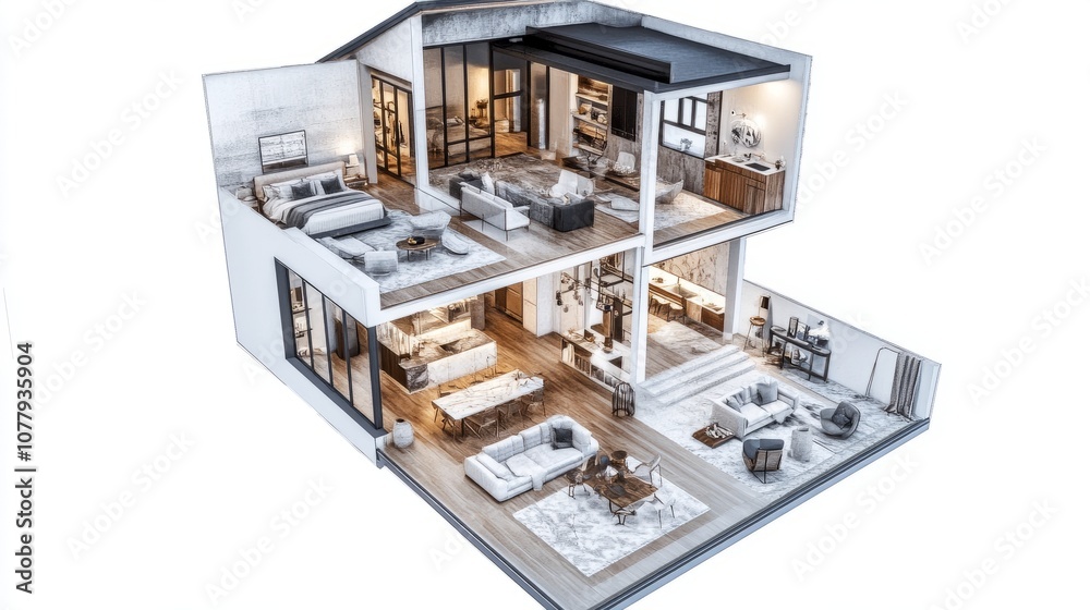 Sliced open 3D house with visible floors, revealing bedroom, living room, and kitchen interiors with a contemporary design. Sliced open 3D house with visible floors, revealing bedroom, living room, and kitchen interiors with a contemporary design.