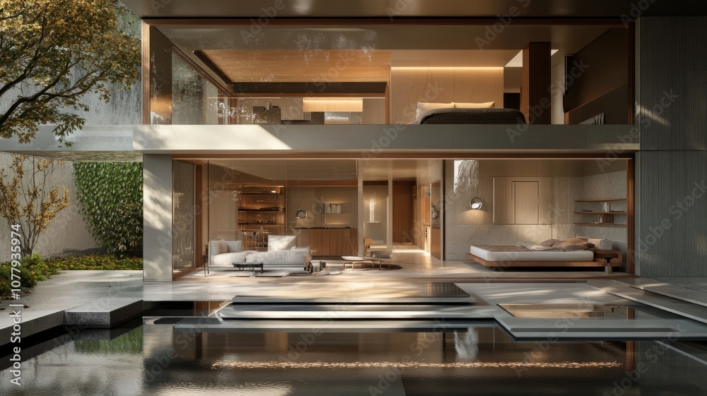 Sliced open 3D house with visible floors, revealing bedroom, living room, and kitchen interiors with a contemporary design.