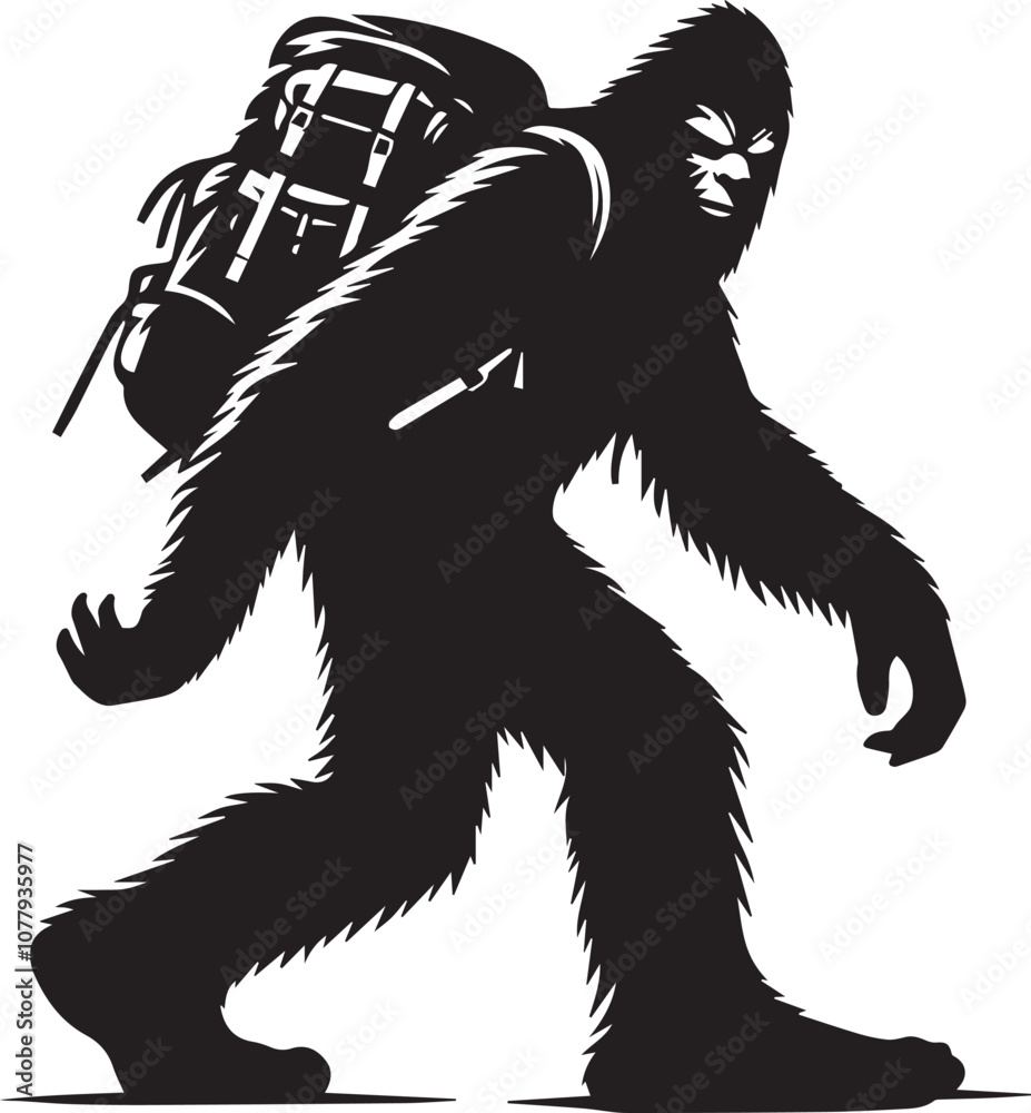 Fototapeta premium Bigfoot silhouette carrying a large backpack