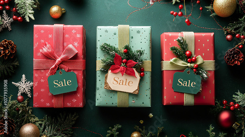 Festive holiday sale with beautifully wrapped gifts adorned with ribbons and tags