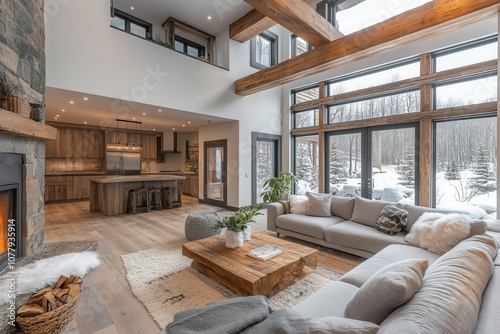 rustic living room exudes warmth with modern grey sofas and natural wood accents soft lighting bathes the space creating a cozy inviting atmosphere perfect for relaxation or social gatherings