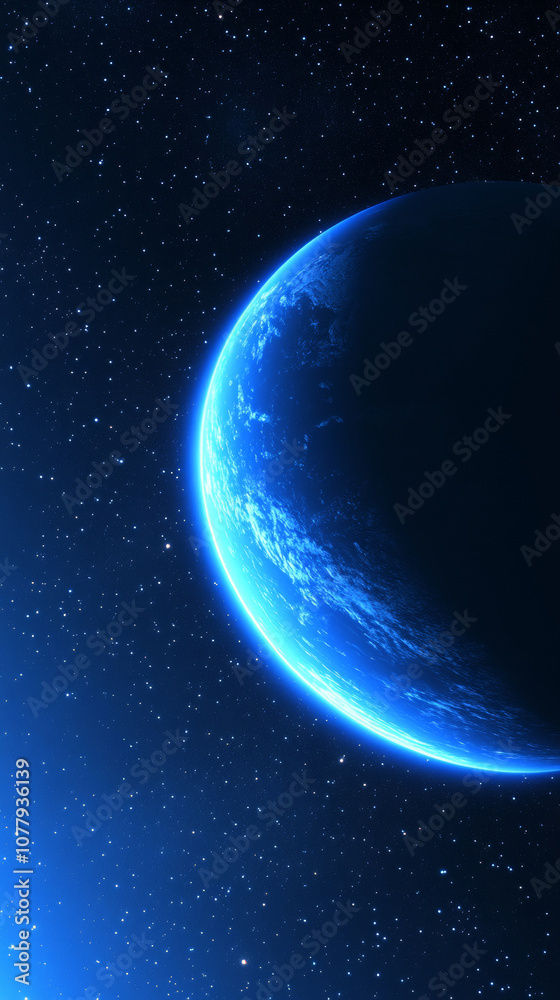 Fototapeta premium 3D planet earth in space universe with shiny star dark blue technology science background with copy space. astronomy starry sky shimmering glow wallpaper