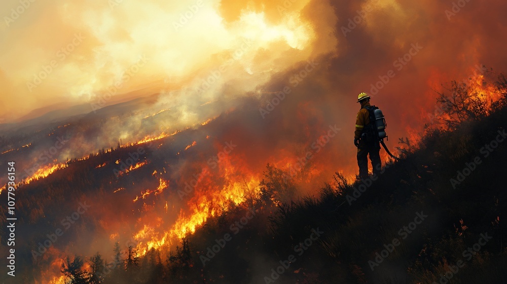Fototapeta premium A lone firefighter stands on a hillside overlooking a wildfire burning through the brush.