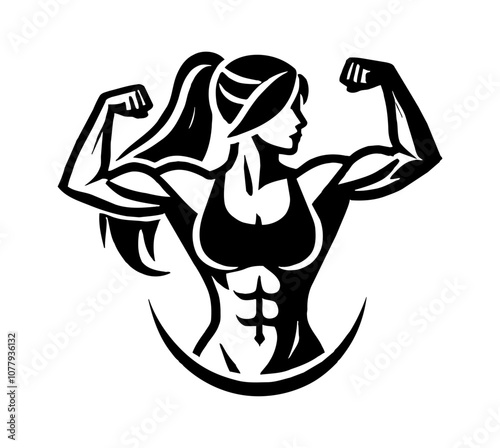 woman flex arm muscle logo engraving black and white outline