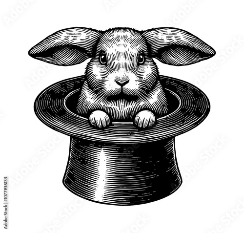 rabbit inside top hat for magic engraving black and white outline