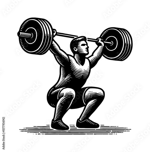 man squat barbell engraving black and white outline