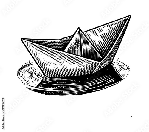 paper ship engraving black and white outline