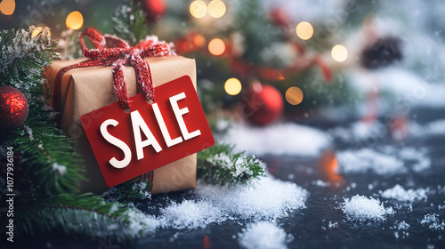 Festive holiday sale with wrapped gift and snow covered decorations
