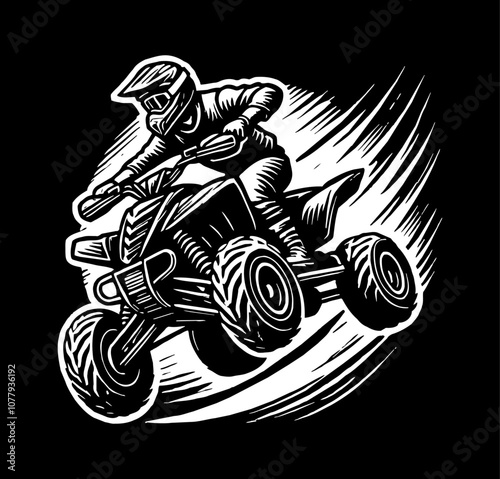 man ride quad bike motor engraving black and white outline