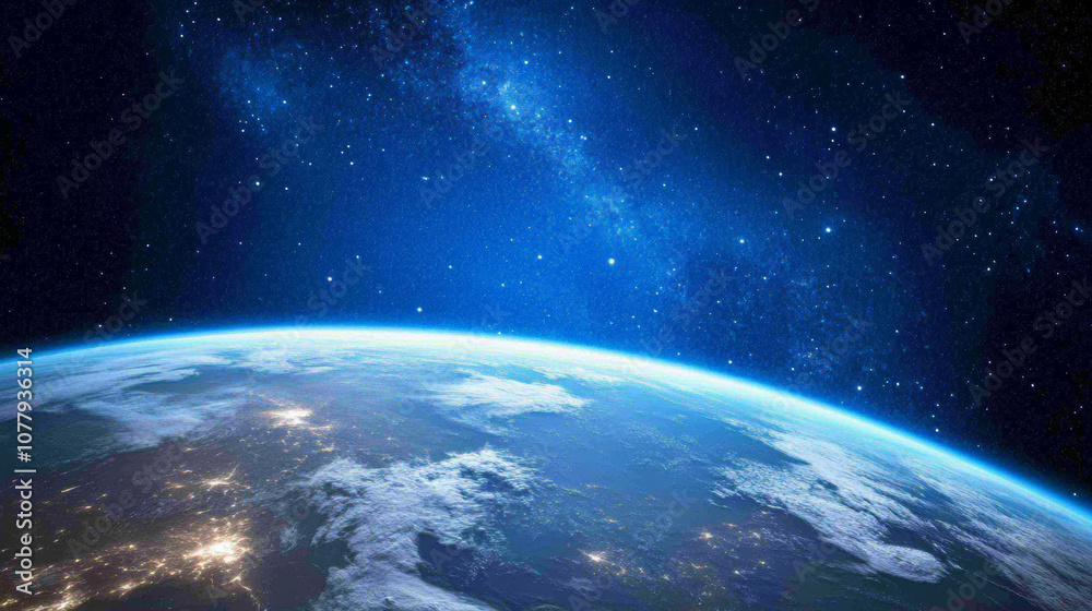 Fototapeta premium 3D planet earth in space universe with shiny star dark blue technology science background with copy space. astronomy starry sky shimmering glow wallpaper