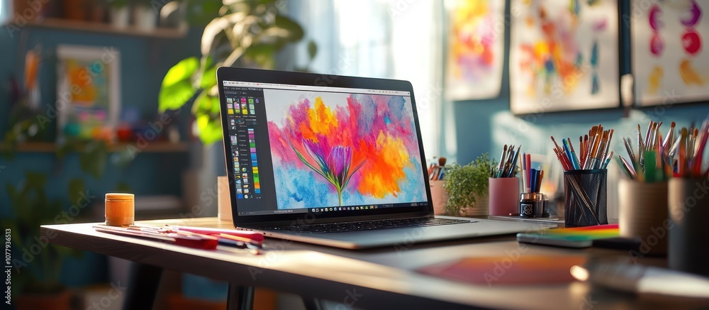 A laptop computer with a bright colorful flower painting displayed on the screen sitting on a desk. A laptop computer with a bright colorful flower painting displayed on the screen sitting on a desk.