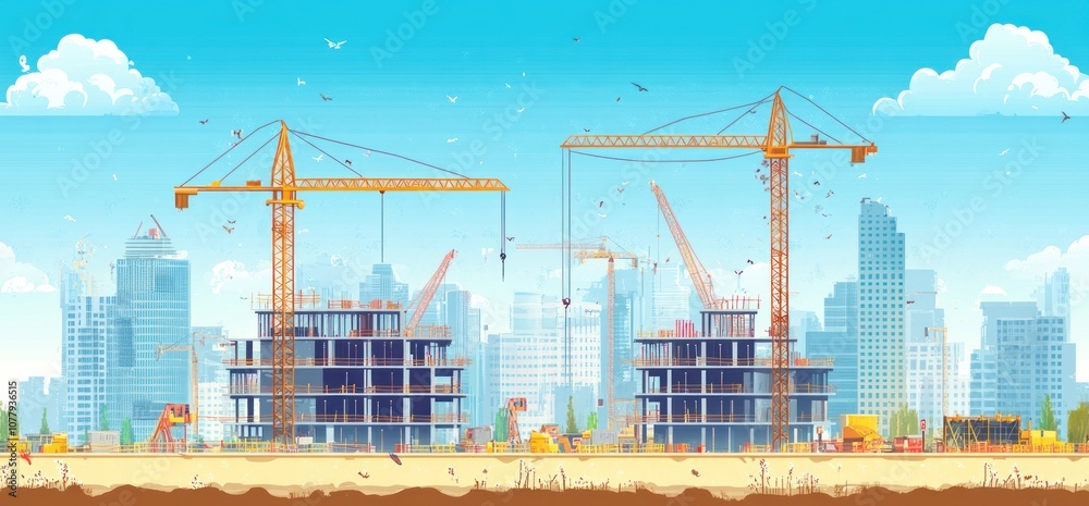 colorful flat illustration of the construction site with cranes and buildings, city skyline in the background colorful flat illustration of the construction site with cranes and buildings, city skyline in the background
