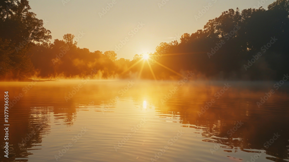 The sun rising over a calm lake, its golden reflection shimmering on the water's surface as the day begins. The sun rising over a calm lake, its golden reflection shimmering on the water's surface as the day begins.