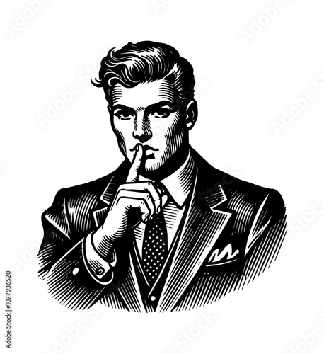 man wear suit and do silence hand gesture engraving black and white outline