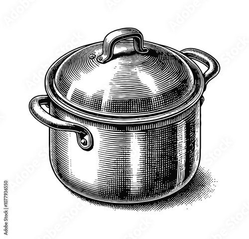 boiling pot engraving black and white outline