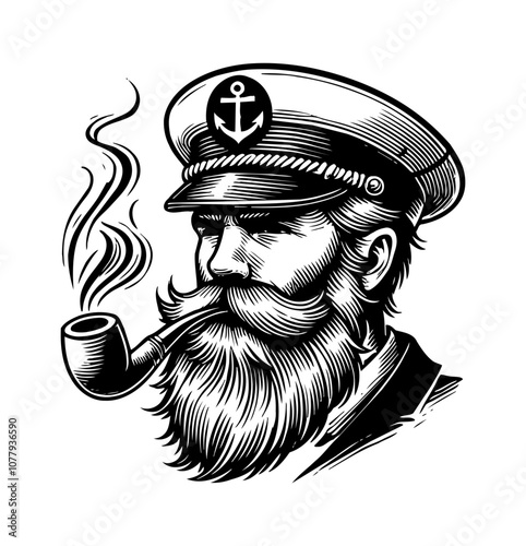 old sailor smoke with pipe engraving black and white outline
