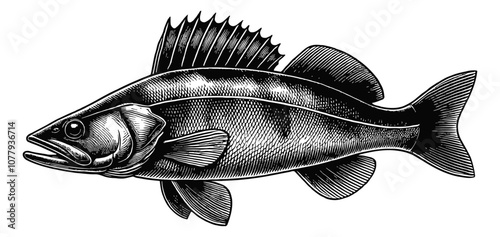 zander fish engraving black and white outline