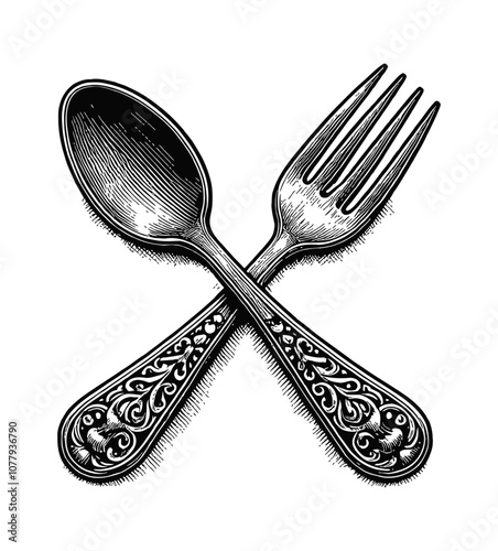 spoon and fork antique engraving black and white outline