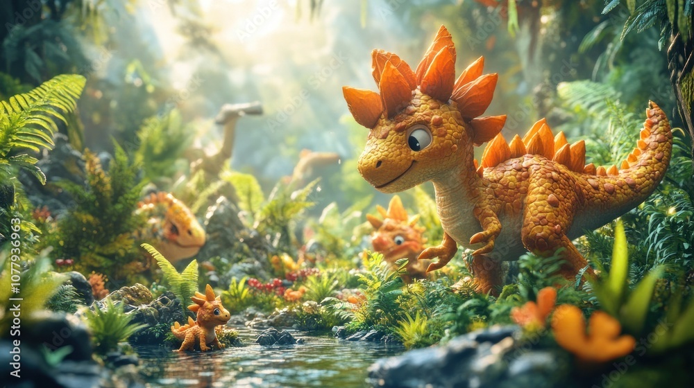 Cute cartoon dinosaurs in a lush jungle, basking in the morning sunlight. Cute cartoon dinosaurs in a lush jungle, basking in the morning sunlight.