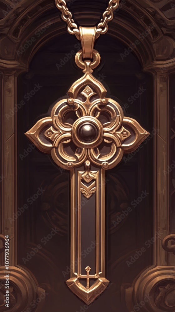 A golden cross pendant with intricate designs and a central pearl, symbolizing faith and elegance. A golden cross pendant with intricate designs and a central pearl, symbolizing faith and elegance.