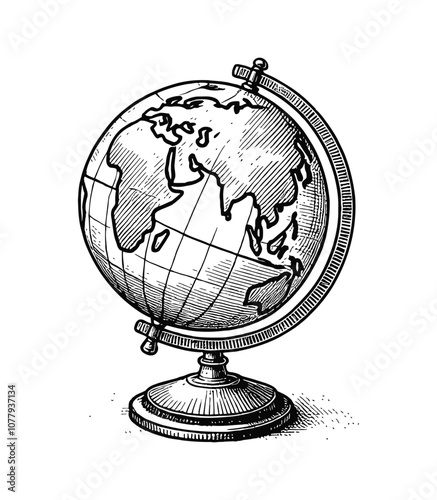 earth globe engraving black and white outline