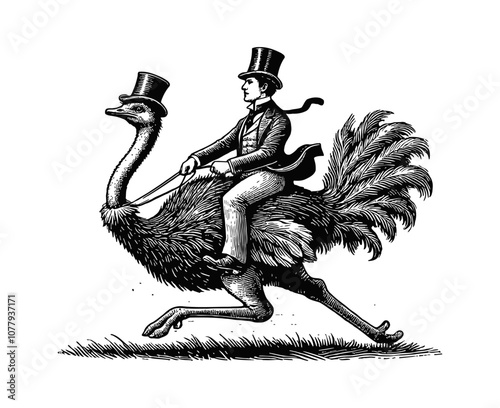 man in a top hat riding an ostrich engraving black and white outline