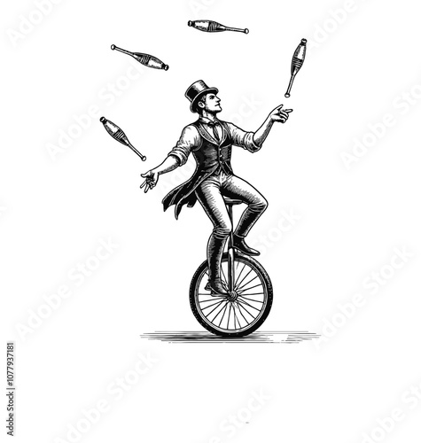 man juggling while riding a unicycle engraving black and white outline