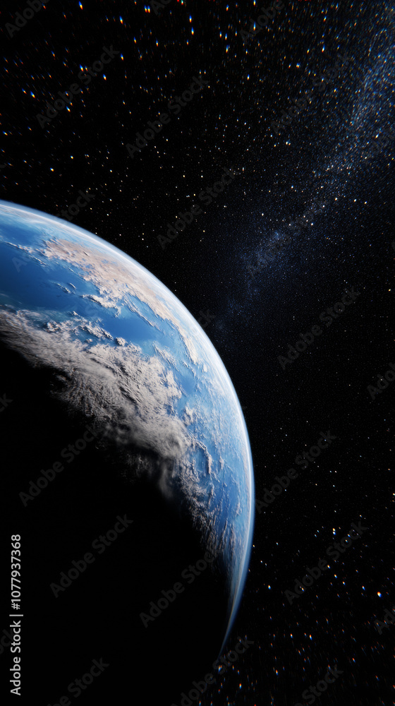Fototapeta premium 3D planet earth in space universe with shiny star dark blue technology science background with copy space. astronomy starry sky shimmering glow wallpaper