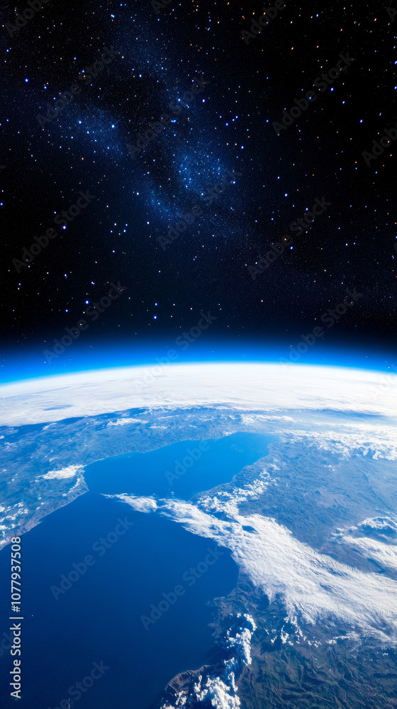 3D planet earth in space universe with shiny star dark blue technology science background with copy space. astronomy starry sky shimmering glow wallpaper