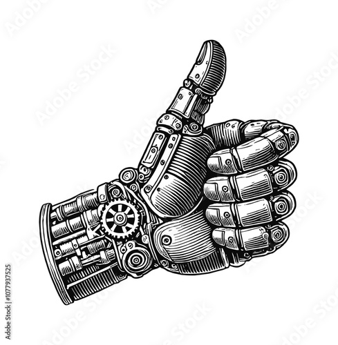robotic hand giving a thumbs up engraving black and white outline