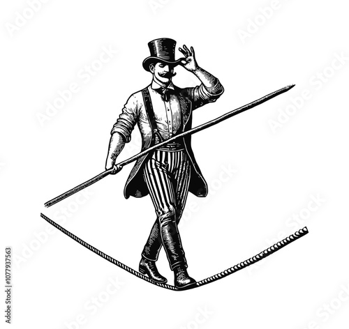 man walking rope tightrope engraving black and white outline