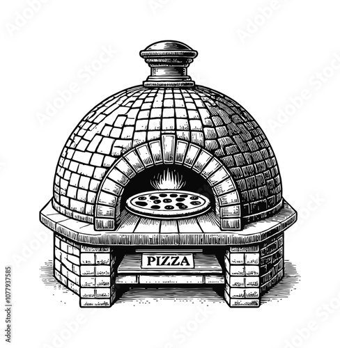 pizza oven engraving black and white outline