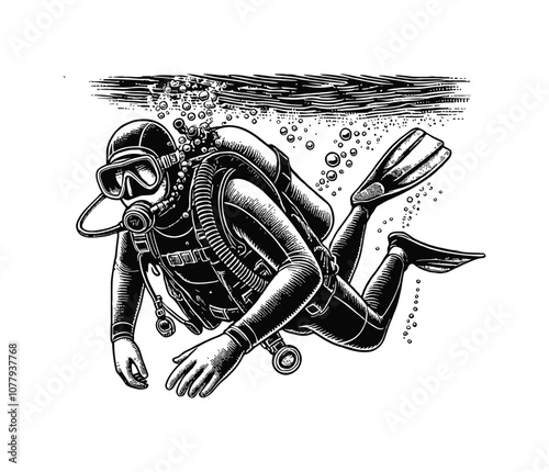 scuba diver underwater engraving black and white outline