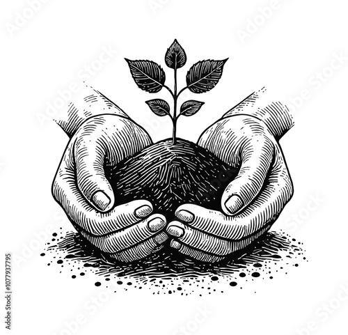 hand holding plant and soil engraving black and white outline