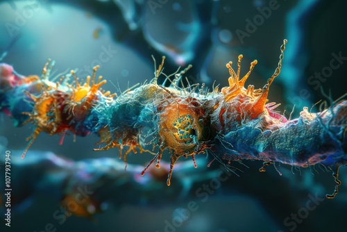 Dendritic Spine Interaction: A close-up view of dendritic spines on the postsynaptic neuron interacting with neurotransmitters, enhancing synaptic connections.