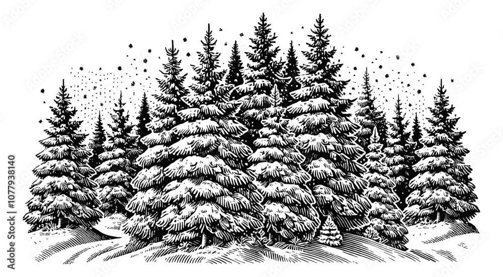 Obraz premium snow covered fir trees engraving black and white outline
