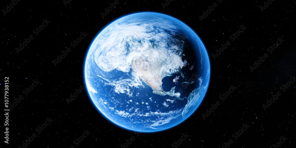 Obraz premium 3D planet earth in space universe with shiny star dark blue technology science background with copy space. astronomy starry sky shimmering glow wallpaper