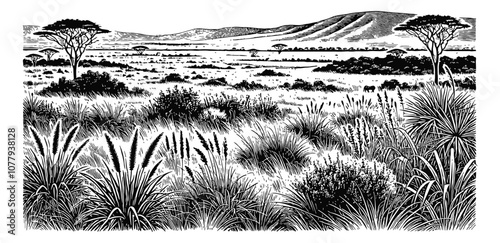 African savanna field engraving black and white outline
