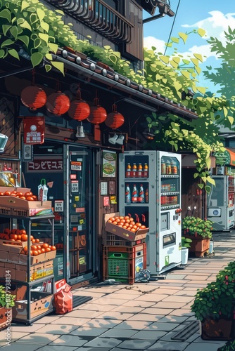 This image depicts a charming street scene in a traditional Japanese town. A small shop, overflowing with fresh fruits and vegetables, stands on the corner. The shop's facade is adorned with hanging p