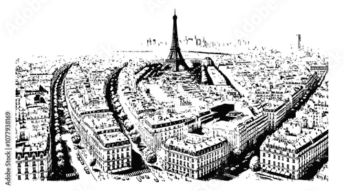 paris landscape engraving black and white outline