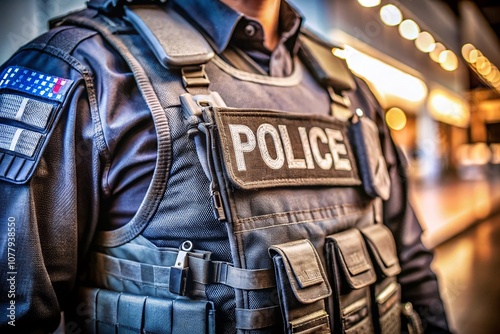 Close-up Macro Photography of a Police Officer's Bulletproof Vest Showcasing Protective Materials and Design Features, Emphasizing Safety and Security in Law Enforcement Gear photo