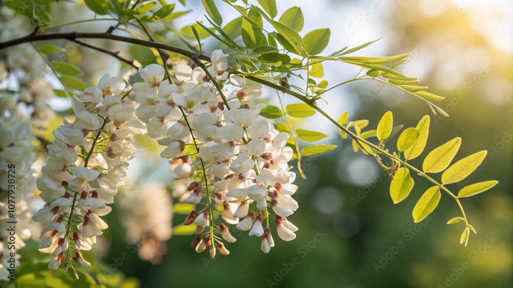 Closeup of a Blossoming Acacia Branch Backlit by Sunlight on a Sunny Spring Day with a Natural Background Highlighting the Beauty of Nature and Floral Elements Closeup of a Blossoming Acacia Branch Backlit by Sunlight on a Sunny Spring Day with a Natural Background Highlighting the Beauty of Nature and Floral Elements