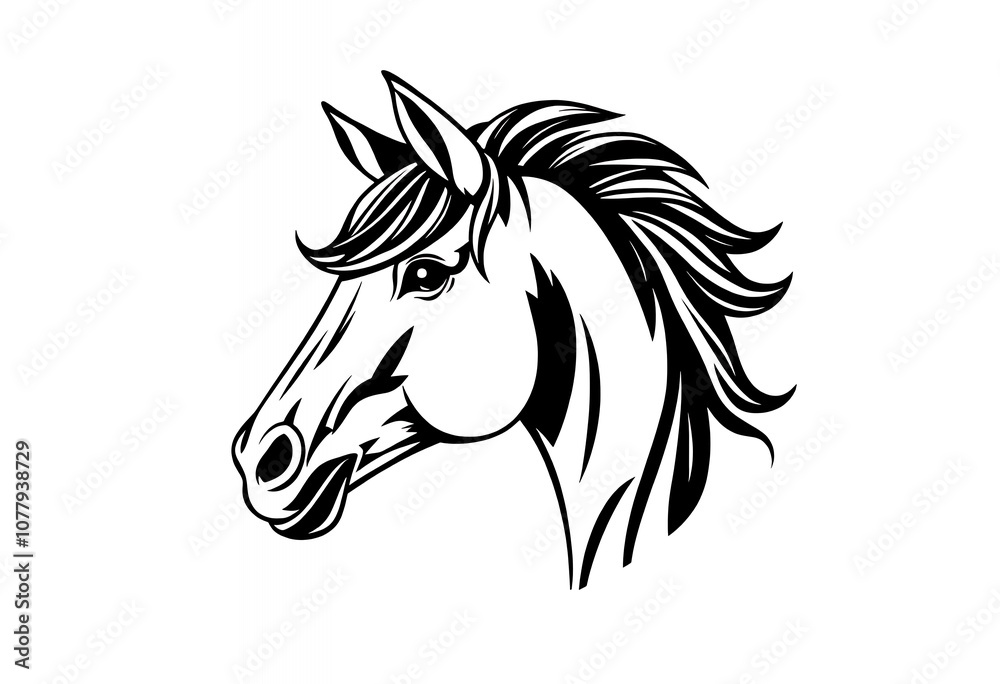 Horse Head Profile Black and White Line Art Illustration Horse Head Profile Black and White Line Art Illustration