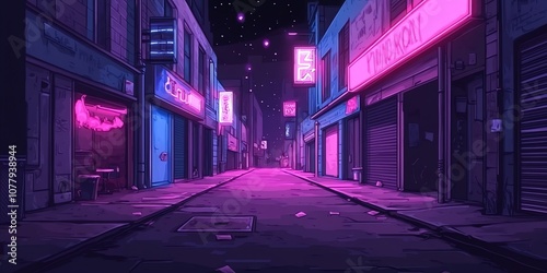 A retro-futuristic alleyway at night, illuminated by vibrant neon signs, with a starry sky above. photo