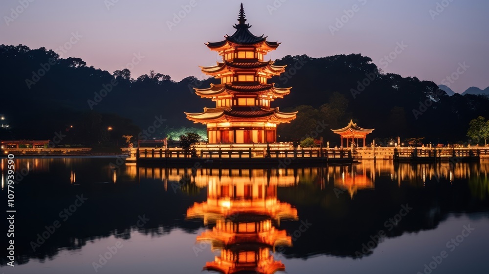 Pagoda on Lake with Reflection Pagoda on Lake with Reflection