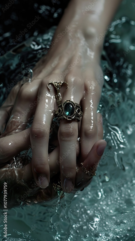 Fototapeta premium Close-up of a Hand with a Sparkling Green Gemstone Ring in Water