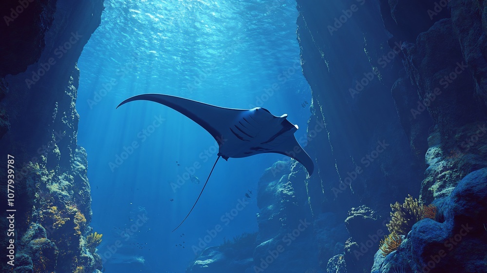 Fototapeta premium A manta ray swims through a coral reef, illuminated by sunlight streaming through a crevice in the rocks.