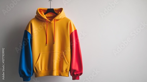 A colorful hoodie with minimalist lettering on the chest, hanging in front of a white background wall photo