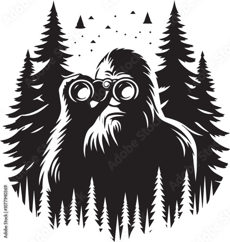 Bigfoot silhouette with binoculars peeking through trees